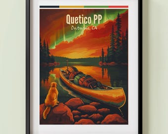 May include: A vintage-style travel poster featuring a canoe with camping gear on a lake in a forest setting. The sky is a vibrant orange and red with green and blue aurora borealis. The text reads "Quetico PP Ontario, CA".