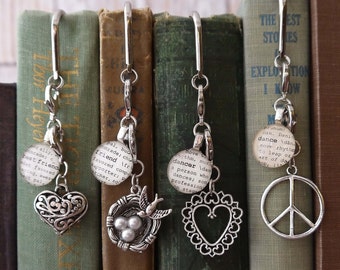 Bookmark Best Friend, Friend, Dancer, or Dance with Silver-tone Heart Charm, Bird's Nest Charm, Peace Sign Charm by Kristin Victoria Designs