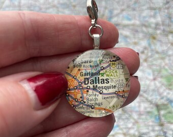 Dallas Texas Garland Mesquite Forney Map Clip-on Charm Necklace Key Chain Bookmark Antique Vintage Look Gift by Kristin Victoria Designs