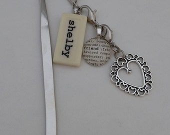 CUSTOM Bookmark with Custom Mini Domino, silver-tone charm, non-custom dictionary glass gem charm Kristin Victoria Designs