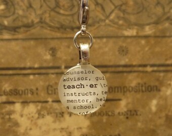 Teacher  Dictionary Word Clip-on Glass Gem Charm Antique Vintage Look Gift by Kristin Victoria Designs