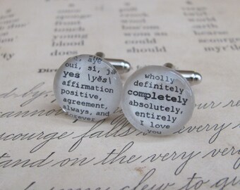 Yes Completely Wedding, Engagement, Anniversary Cuff Links Dictionary Glass Gem by Kristin Victoria Designs