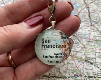 San Francisco Map Clip-on Charm Necklace Key Chain Bookmark Antique Vintage Look Gift by Kristin Victoria Designs