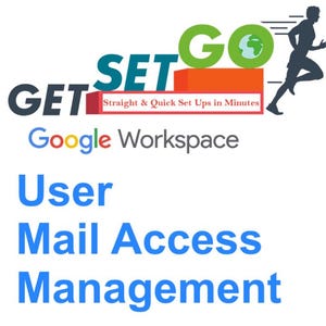 May include: A logo for a service called "Get Set Go" with the tagline "Straight & Quick Set Ups in Minutes". The logo features a green circle with a globe icon and the word "GO" in white. The logo also features a red rectangle with the words "GET SET" in white. The logo is accompanied by the text "Google Workspace" in blue and white. The logo also features a running figure in black and white.