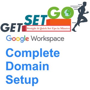 Op de afbeelding: Een logo voor een service genaamd "Get Set Go" met de tagline "Straight & Quick Set Ups in Minutes". Het logo bevat een groene cirkel met een wereldbolpictogram en het woord "GO" in wit. Het logo bevat ook een rode rechthoek met de woorden "GET SET" in wit. Het logo wordt vergezeld door de tekst "Google Workspace" en de zin "Complete Domain Setup" in blauw.