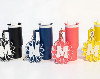 3D Printed Floral Initial Tumbler Keychain, PLA Bag Charm Accessory