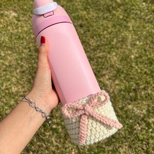 Crochet Owala Cozy Boot With Bow Coquette Handmade Gift Birthday Anniversary Graduation Pink White 32oz Water Bottle Koozie For Owala Drink image 1