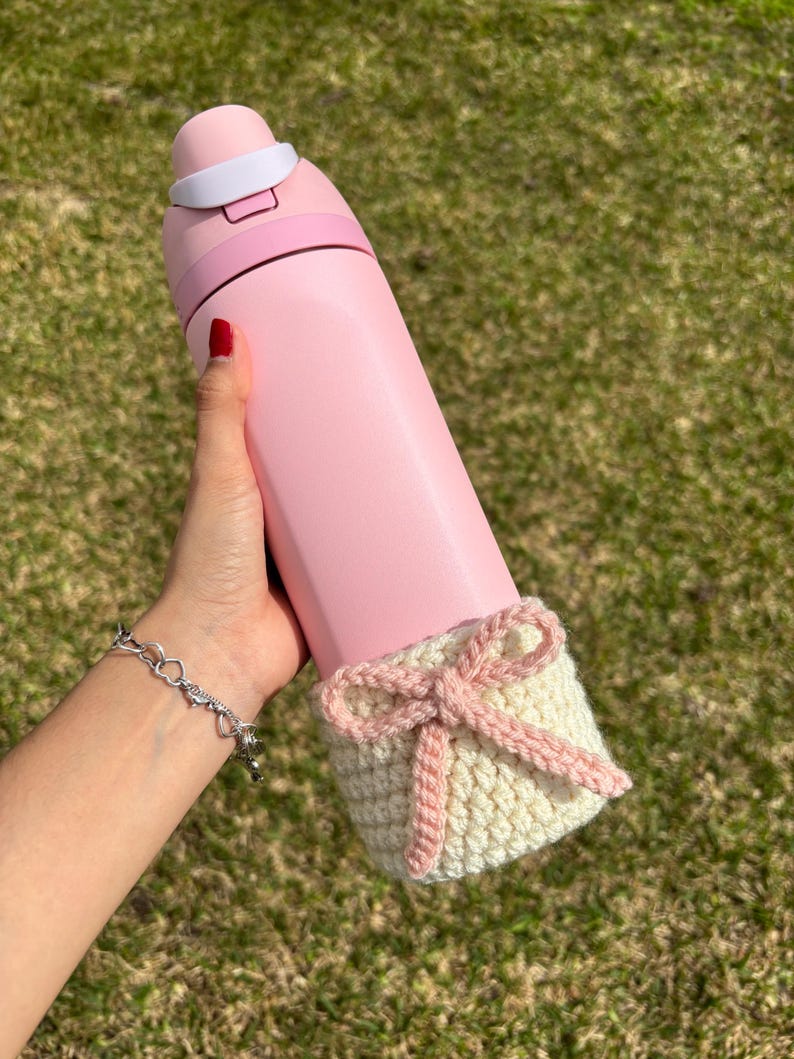 Crochet Owala Cozy Boot With Bow Coquette Handmade Gift Birthday Anniversary Graduation Pink White 32oz Water Bottle Koozie For Owala Drink image 1