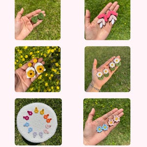 May include: Assortment of handmade polymer clay earrings featuring various flower designs, including daisies, sunflowers, and leaves. The earrings are displayed on hands and a white surface.