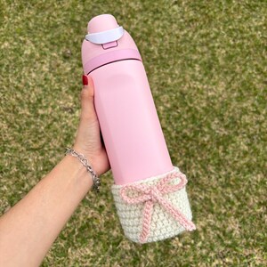 Crochet Owala Cozy Boot With Bow Coquette Handmade Gift Birthday Anniversary Graduation Pink White 32oz Water Bottle Koozie For Owala Drink image 2