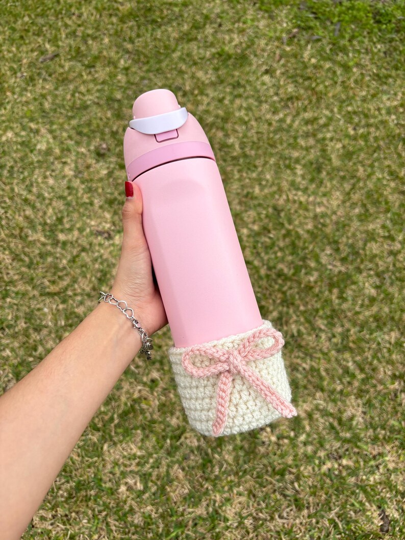 Crochet Owala Cozy Boot With Bow Coquette Handmade Gift Birthday Anniversary Graduation Pink White 32oz Water Bottle Koozie For Owala Drink image 2