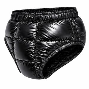 May include: Black quilted nylon shorts with a shiny, reflective finish. The shorts have an elastic waistband with two snap closures and a zipper on the right side. The shorts are padded and have a puffy appearance.