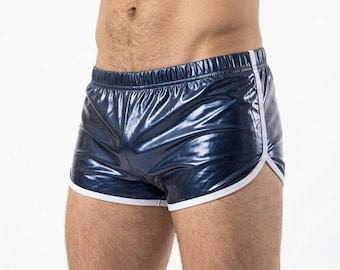 Pantalones cortos deportivos retro de nailon brillante azul marino
