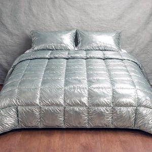 Silver Metallic Nylon Bedding Set – Puffer Style Comforter, Modern Bedroom Decor