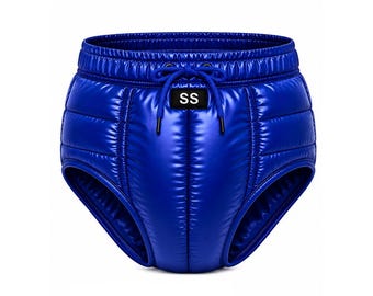 Glossy Puffer Briefs for Men | Royal Blue Patent Nylon High Waist Underwear