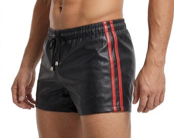 Men’s Leather Shorts with Red Side Stripes