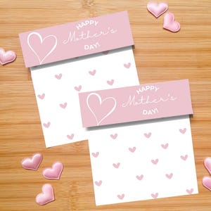 Cartão de biscoitos para o Dia das Mães com coração rosa e branco | Download digital em PDF | Quadrado largo 15,5 cm x 14 cm | Cartão de biscoitos para impressão para embalagem