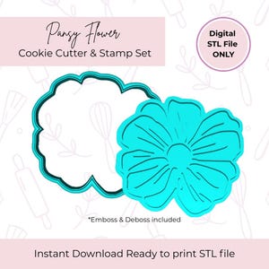 May include: Digital download of a 3D printable STL file for a pansy flower cookie cutter and stamp set. The image shows a blue pansy flower with a white center. The text "Pansy Flower Cookie Cutter & Stamp Set" is at the top of the image.