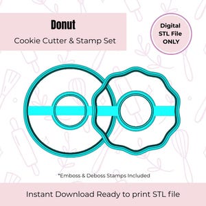 May include: A digital download of an STL file for a donut cookie cutter and stamp set. The cutter and stamp are blue and black and feature a donut shape with a hole in the center. The text "Emboss & Deboss Stamps Included" is visible below the image.