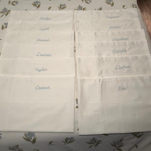Op de afbeelding: Witte kussenslopen geborduurd met namen in lichtblauwe draad. Namen zijn onder meer Madlyn, Janell, Hannah, Lauren, Taylor, Connor, Cheyenne, Malina, Elizabeth, Natalie, Lauren en Eva. De kussenslopen zijn netjes gerangschikt op een bloemenpatroon.