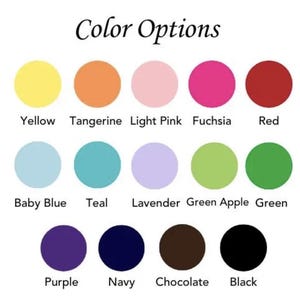 Op de afbeelding: Een kleurenkaart met de tekst "Kleuropties" boven een reeks gekleurde cirkels. De kleuren zijn onder meer geel, mandarijn, lichtroze, fuchsia, rood, babyblauw, blauwgroen, lavendel, appelgroen, groen, paars, marineblauw, chocolade en zwart.