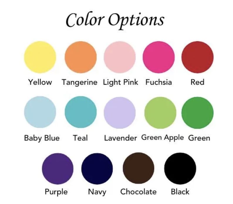 Op de afbeelding: Een kleurenkaart met de tekst "Kleuropties" boven een reeks gekleurde cirkels. De kleuren zijn onder meer geel, mandarijn, lichtroze, fuchsia, rood, babyblauw, blauwgroen, lavendel, appelgroen, groen, paars, marineblauw, chocolade en zwart.