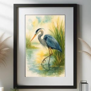 Crane In Marsh Watercolor Print – Elegant Bird Wall Art, Nature Marsh Decor, Heron Hunting Artwork, Coastal Wildlife Digital Download