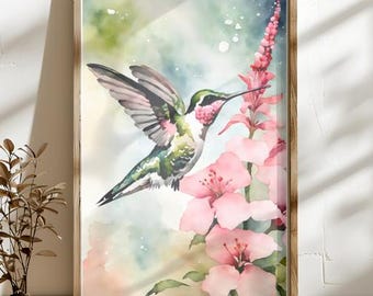 Hummingbird Delight – Watercolor Print of Hummingbird and Hibiscus | Botanical Wall Art | Nature-Inspired Digital Download, Printable Art