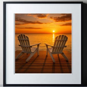 Coastal Sunset Wall Art – Photorealistic Adirondack Chairs on Dock, Beach Sunset Digital Download, Coastal Decor, Nautical Printable Artwork