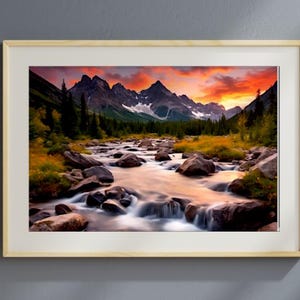 Sunset Serenade – Majestic Mountain Landscape Digital Print, Nature Wall Art, River Sunset Scene, 400 DPI High-Resolution Download