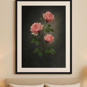 Elegant Rose Wall Art | Pink Botanical Print | Ethereal Floral Artwork | Dark Background | Digital Download | Moody Fine Art | Ethereal Rose