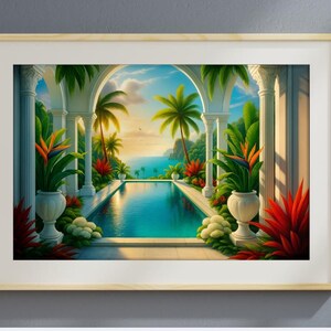 May include: A painting of a tropical courtyard with a swimming pool. The courtyard is surrounded by white columns and arches, and there are lush green plants and palm trees. The pool is a bright blue, and the water is sparkling in the sunlight.