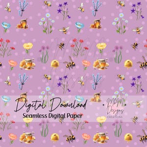 Peut inclure: Un motif de papier numérique sans couture avec un fond violet et des pois blancs. Le motif comprend des abeilles, des rayons de miel, des fleurs et des pots de miel. Le texte "Téléchargement numérique Papier numérique sans couture" est en bas de l'image.