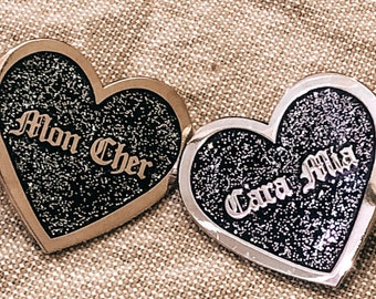 Glitter Mon Cher Cara Mia pins - enamel pin - unique anniversary gift - goth gift - goth anniversary - morticia and gomez - addams pins