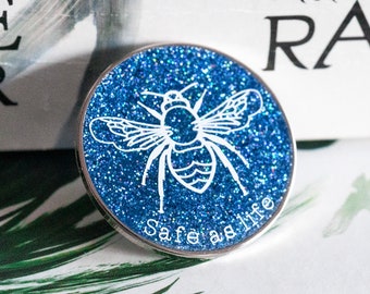 Glitter Safe As Life Enamel Pin | Raven Boys pin | Blue enamel pin | The Raven Cycle | crystal ball pin | Raven King | Gansey quote