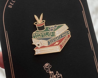 Magic Book Stack Enamel Pin: Houdini, Sleight of Hand, Card Table