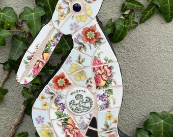 Mosaic Moon Gazing Hare, Made with Vintage china, Ceramic Mosaic Art