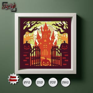 May include: A framed Halloween-themed paper art piece. The artwork features a layered design of a haunted castle, pumpkins, and a full moon. The color palette includes orange, yellow, and dark red tones. The frame is white, and the image includes the text "Free frame".