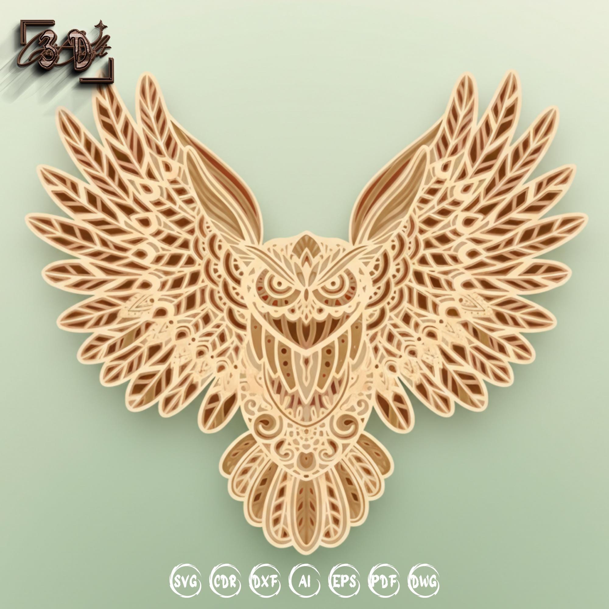 Owl Laser Cut File | 3D Mandala Owl SVG | Layered Owl Wall Art for Cricut Glowforge CNC and Laser Cu