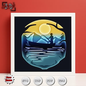 Fishing Shadow Box SVG • Lake and Mountain Sunset 3D Layered Papercut Template for Cricut Silhouette Glowforge Digital Download