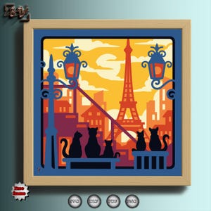 May include: A framed art piece featuring a Parisian cityscape with the Eiffel Tower and street lamps. Silhouetted cats sit on a bench in the foreground. The artwork uses shades of orange, yellow, and blue.