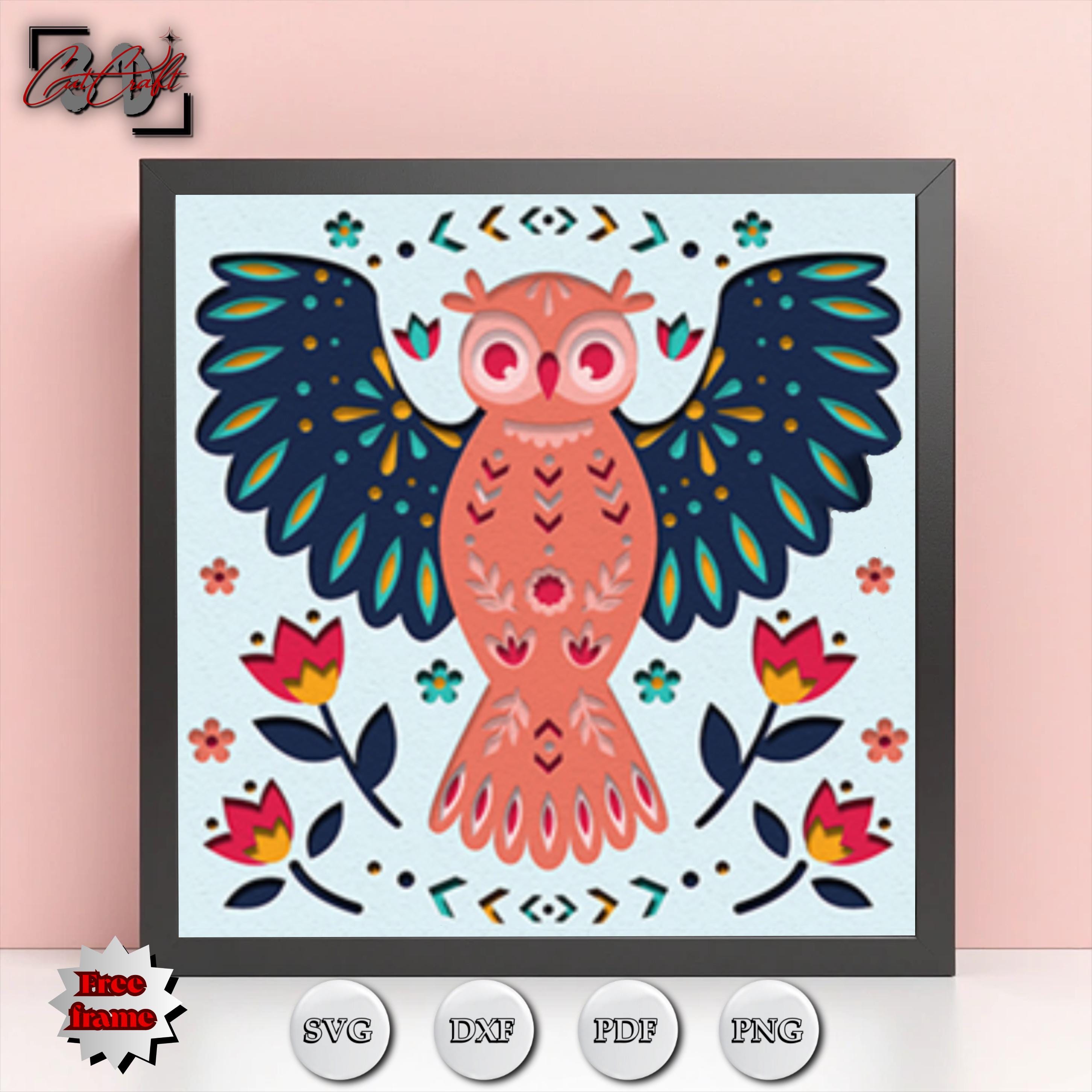 Owl Shadow Box SVG | Woodland Bird Papercut Template | Boho Night Animal Light Box