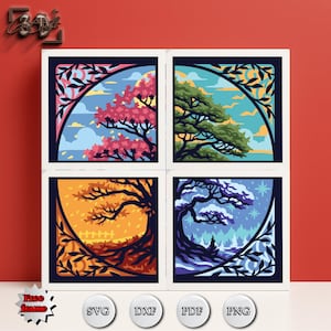 May include: Four square art prints depicting the seasons: spring with pink blossoms, summer with green foliage, autumn with orange hues, and winter with snow. Each scene is framed with a dark border and a semi-circular design. The prints include SVG, DXF, PDF, and PNG file type icons.