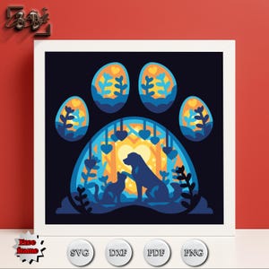 以下が含まれることがあります： 犬と猫のシルエットが描かれた、足跡のデザインの額入りアートプリント。青、黄、オレンジの色合いを使用しています。足跡は花とハート型の要素で満たされています。