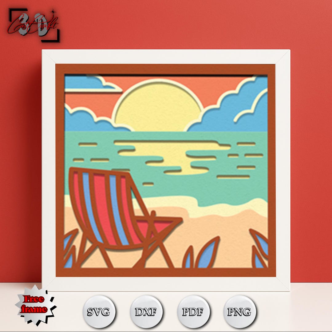 Sunset Beach Chair Shadow Box SVG • Tropical Ocean 3D Layered Papercut ...