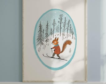 Nursery Wall Art Printable - Woodland Squirrel- Winter Wonderland - Animal Kids Room Prints Playroom Artwork Toddler Bedroom Christmas Decor