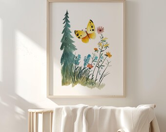 Woodland Pastel Butterfly Printable - Kids Wall Art, Whimsical Nursery Decor, Baby Room Print, Cottagecore Toddler Bedroom Vintage Storybook