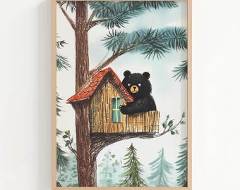 Woodland Bear Tree House - Kids Wall Art, Playroom Decor, Whimsical Animals, Toddler Room Print, Vintage Nursery Artwork Playful Boy Bedroom