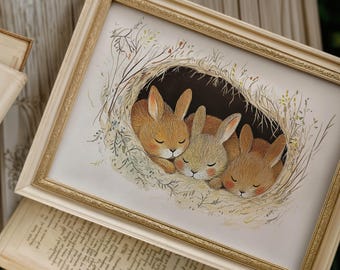 Whimsical Baby Bunny Print - Nursery Wall Art Printable, Woodland Animal Rabbit and Flower Artwork