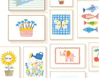 Zestaw kolorowych, drukowanych ilustracji do pokoju dziecięcego – 75 fantazyjnych ilustracji, jaskrawe grafiki do pokoju zabaw, sztuka ścienna dla dzieci